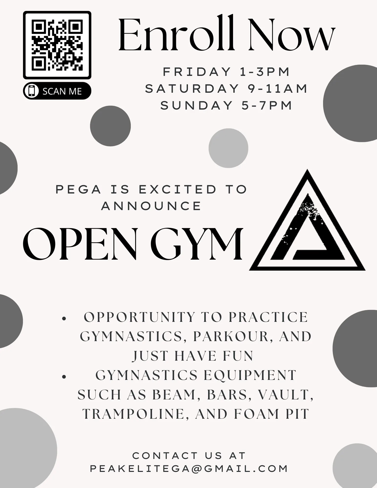 PEGA flyer advertising open gym sessions