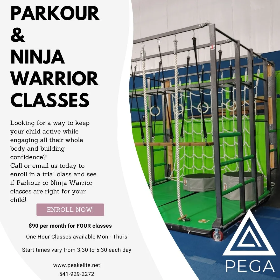 PEGA flyer announcing Parkour classes available now